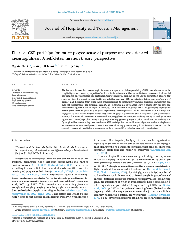 Effect of CSR participation on employee sense of purpose and experienced meaningfulness: A self-determination theory perspective