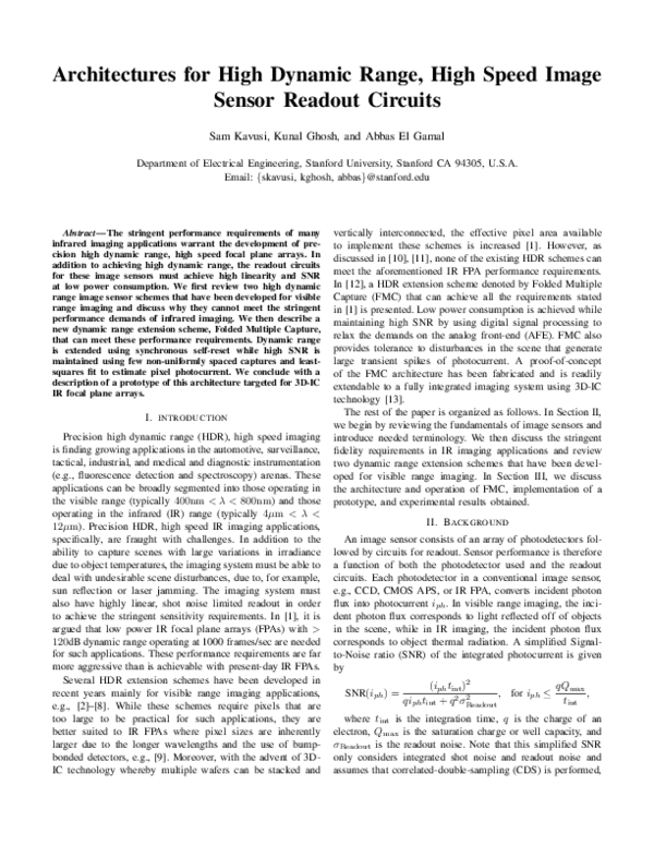 (PDF) Architectures for High Dynamic Range, High Speed Image Sensor