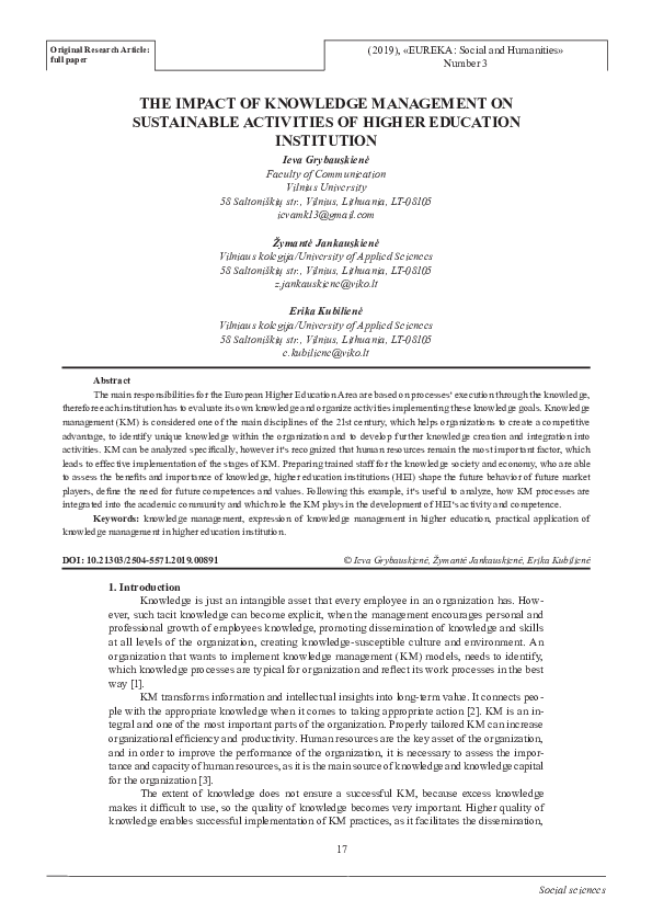 (PDF) The Impact of Knowledge Management on Sustainable Activities of ...