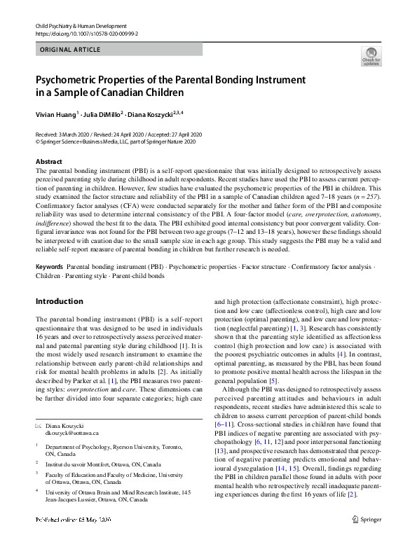 (PDF) Psychometric properties of the Parental Bonding Instrument and ...