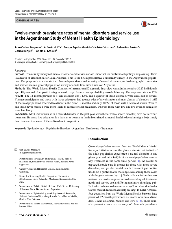 (PDF) Twelve-month prevalence rates of mental disorders and service use ...