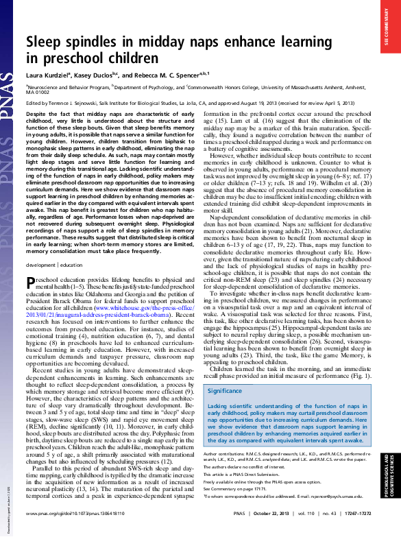 (PDF) Sleep spindles in midday naps enhance learning in preschool children