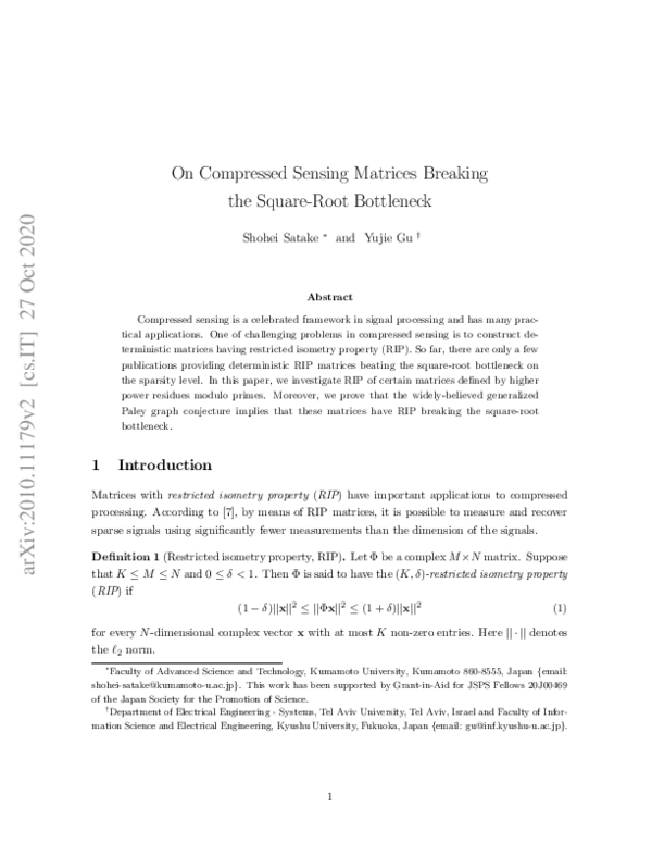 (PDF) On Compressed Sensing Matrices Breaking the Square-Root Bottleneck