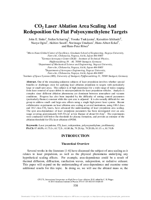(PDF) CO[sub 2] Laser Ablation Area Scaling And Redeposition On Flat ...