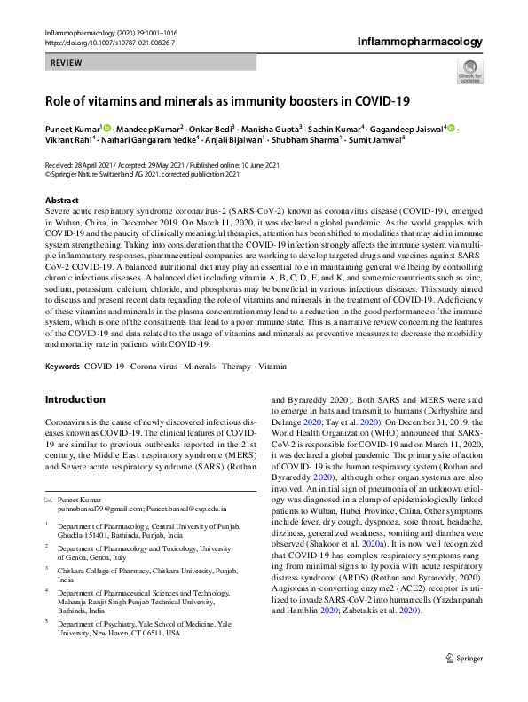 (PDF) Role of vitamins and minerals as immunity boosters in COVID-19