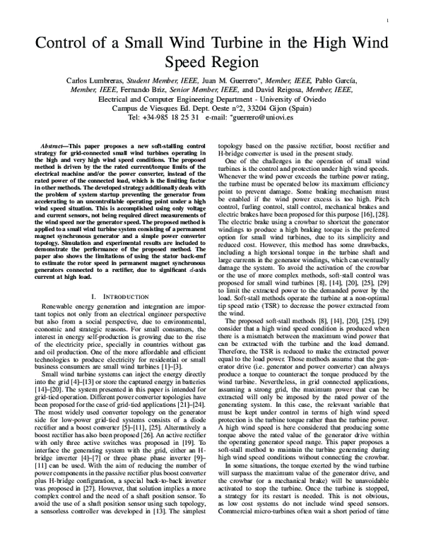 (PDF) Control of a small wind turbine in the high wind speed region