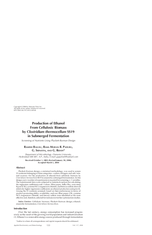 (PDF) Production of Ethanol From Cellulosic Biomass by Clostridium ...