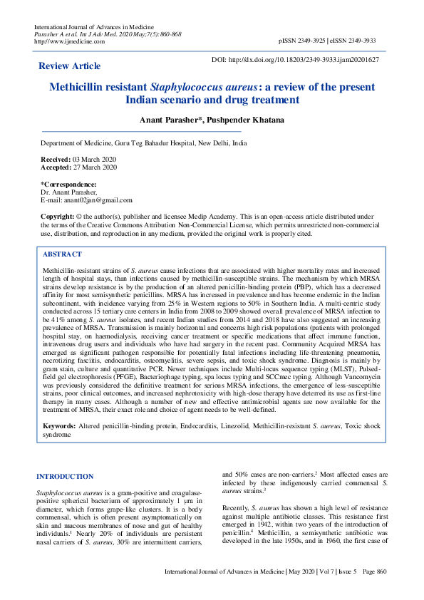 (PDF) Methicillin resistant Staphylococcus aureus: a review of the ...