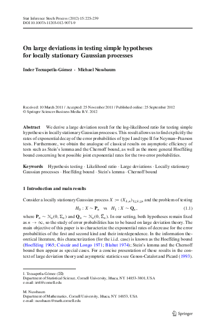 (PDF) On large deviations in testing simple hypotheses for locally ...