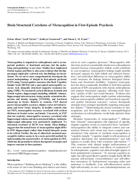 (PDF) Brain Structural Correlates of Metacognition in First-Episode ...