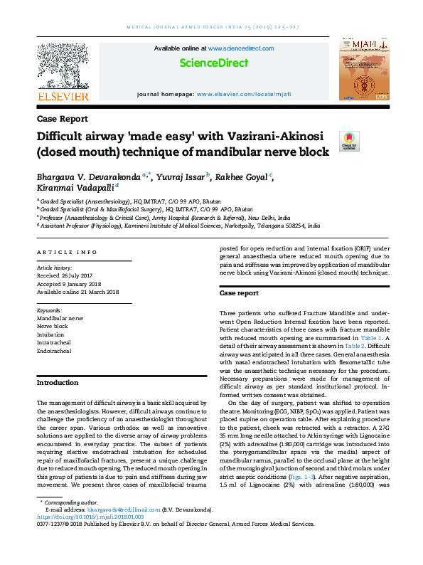 (PDF) Difficult airway ‘made easy’ with Vazirani-Akinosi (closed mouth ...