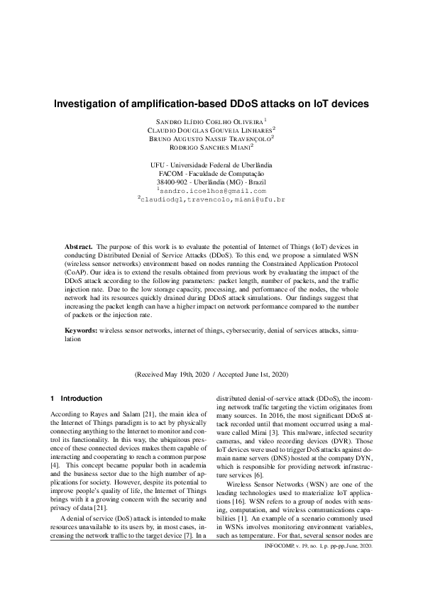 (PDF) Investigation of amplification-based DDoS attacks on IoT devices