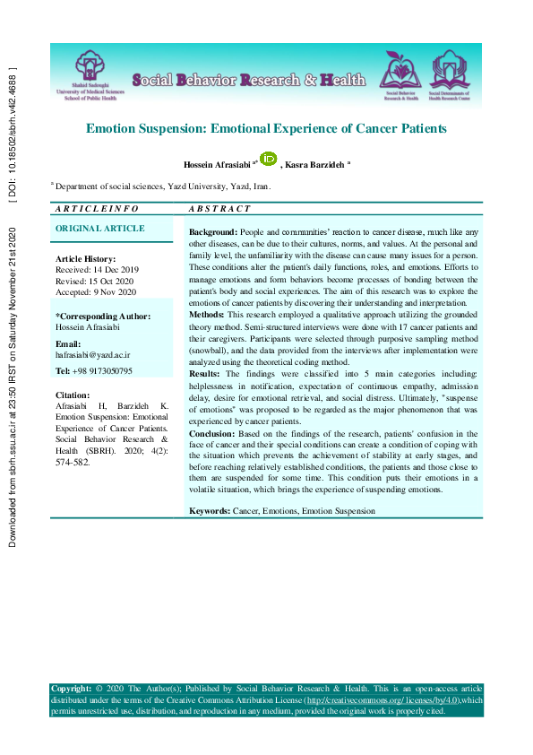 (PDF) Emotion Suspension: Emotional Experience of Cancer Patients