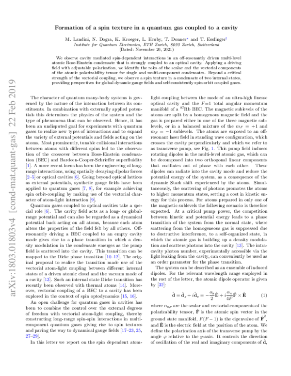 (PDF) Formation of a Spin Texture in a Quantum Gas Coupled to a Cavity