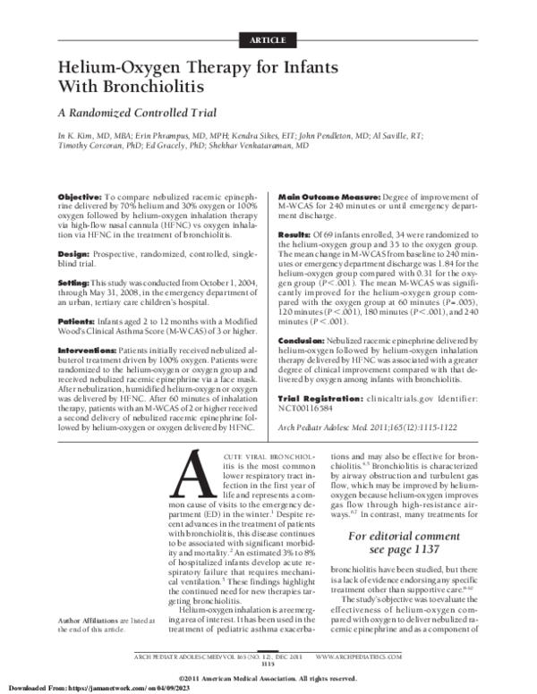 (PDF) HeliumOxygen Therapy for Infants With Bronchiolitis Shekhar