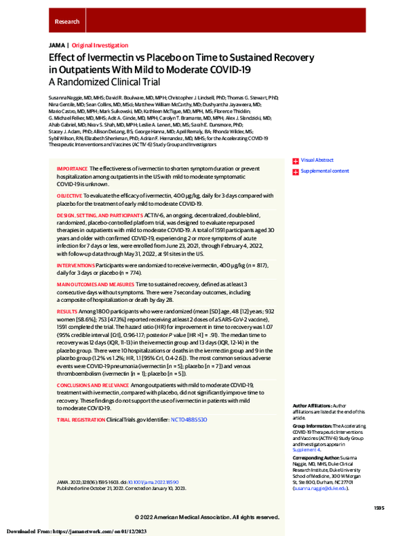 Effect of Ivermectin vs Placebo on Time to Sustained Recovery in Outpatients With Mild to Moderate COVID-19