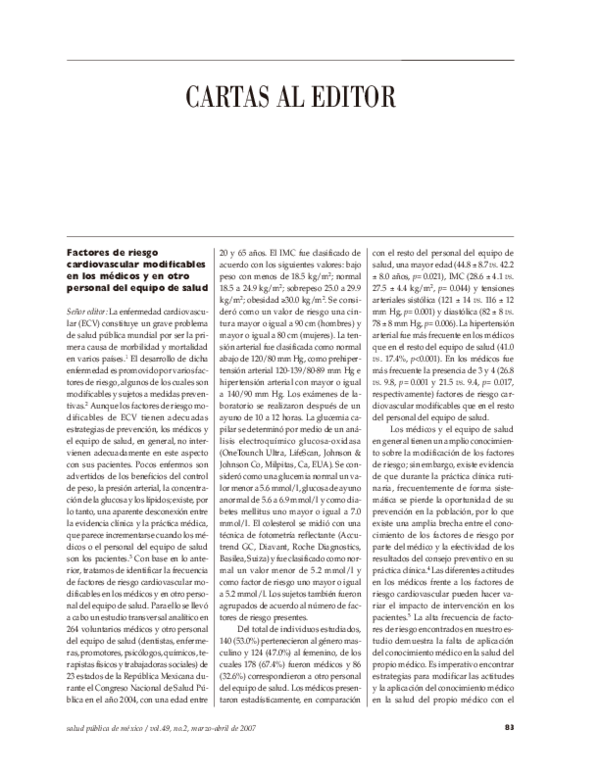 Factores de riesgo cardiovascular modificables en los médicos y en otro personal del equipo de salud