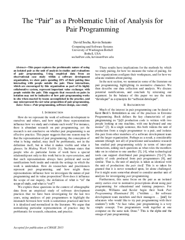 (PDF) The "Pair" as a Problematic Unit of Analysis for Pair Programming