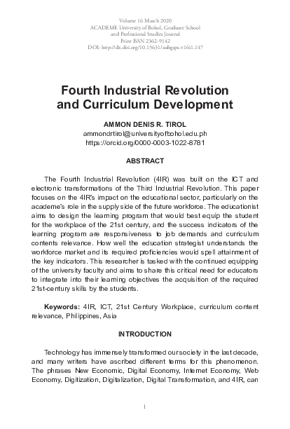 (PDF) Fourth Industrial Revolution and Curriculum Development | Ammon ...