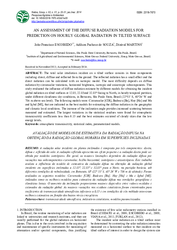 (PDF) An Assessment of the Diffuse Radiation Models for Prediction on ...