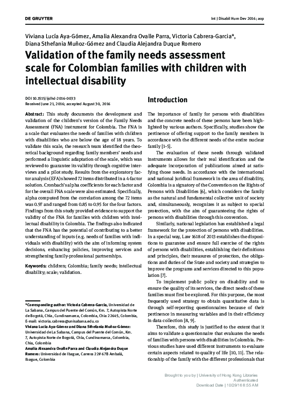 (PDF) Validation of the family needs assessment scale for Colombian ...
