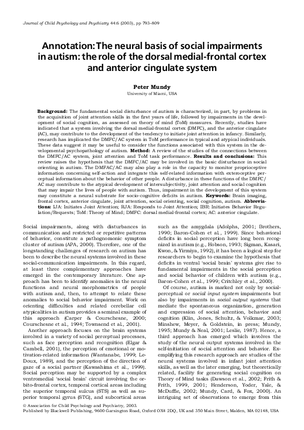 (PDF) Annotation: The neural basis of social impairments in autism: the ...