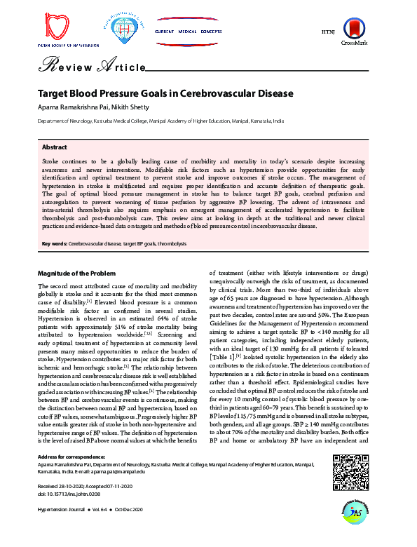 (PDF) Target Blood Pressure Goals in Cerebrovascular Disease