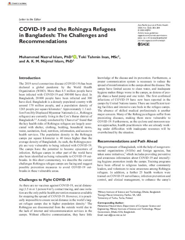 (PDF) COVID-19 and the Rohingya Refugees in Bangladesh: The Challenges ...