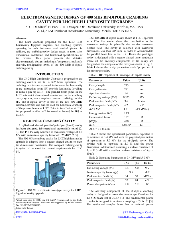 (PDF) Electromagnetic Design of 400 MHz RF-Dipole Crabbing Cavity for ...
