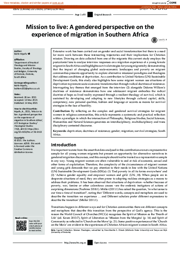 (PDF) Mission to live: A gendered perspective on the experience of ...