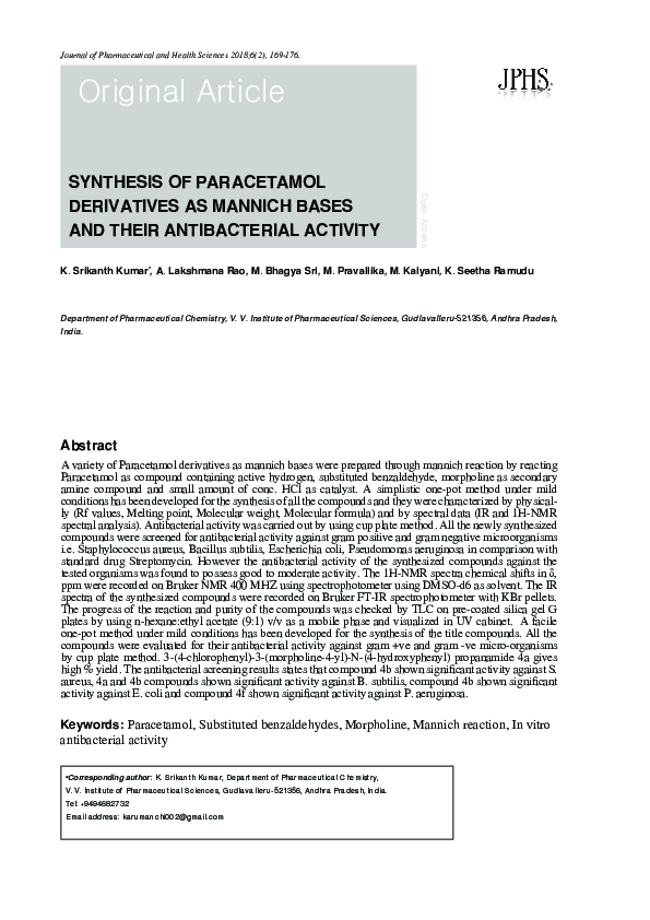 (PDF) Synthesis of Paracetamol Derivatives as Mannich Bases and Their ...