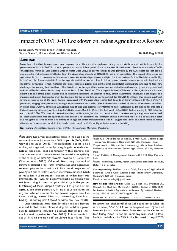 (PDF) Impact of COVID-19 Lockdown on Indian Agriculture: A Review