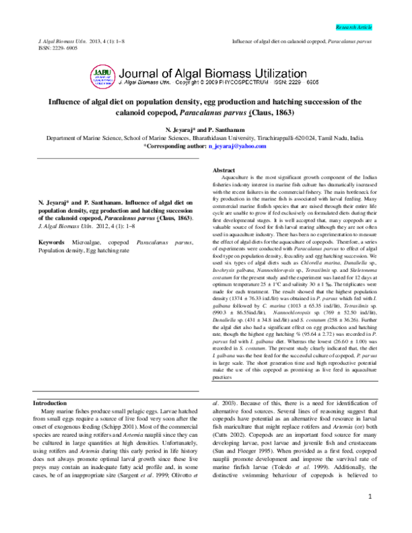 (PDF) Influence of algal diet on population density, egg production and ...