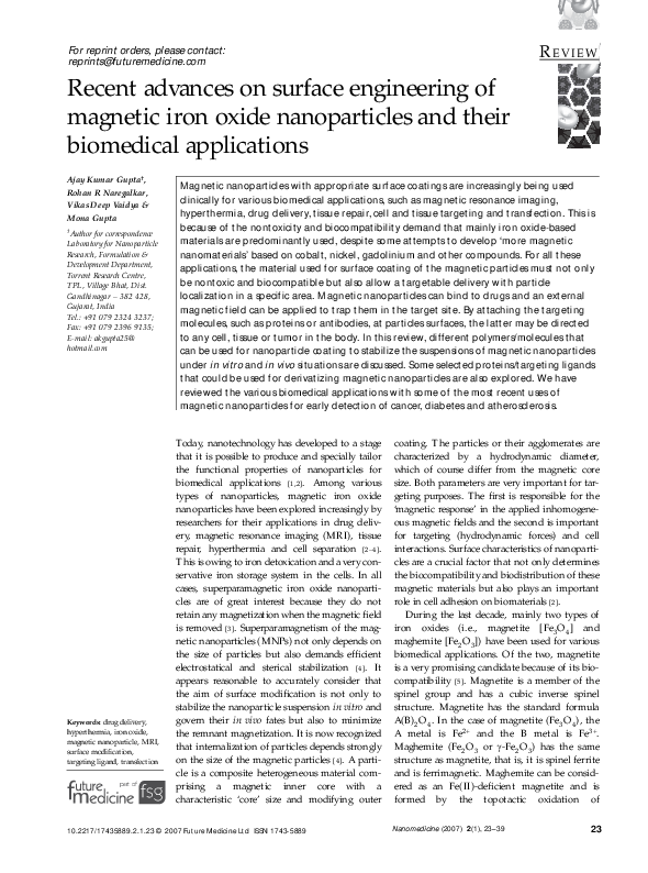 (PDF) Recent advances on surface engineering of magnetic iron oxide ...