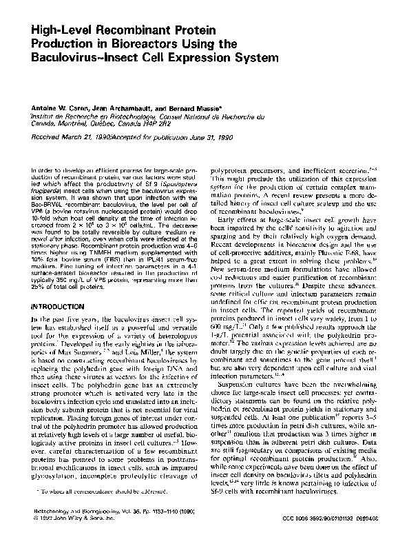 (PDF) Highlevel protein production in bioreactors using
