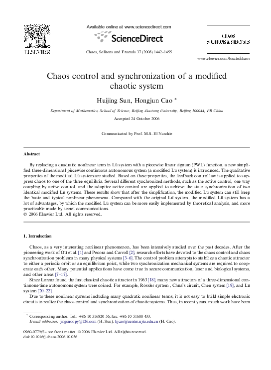 (PDF) Chaos control and synchronization of a modified chaotic system