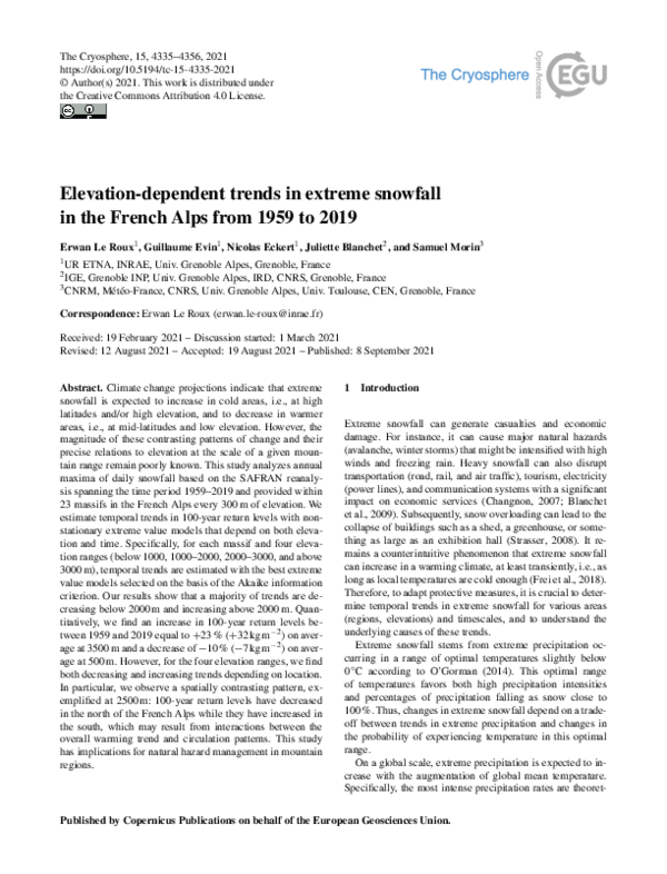 (PDF) Elevation-dependent trends in extreme snowfall in the French Alps ...