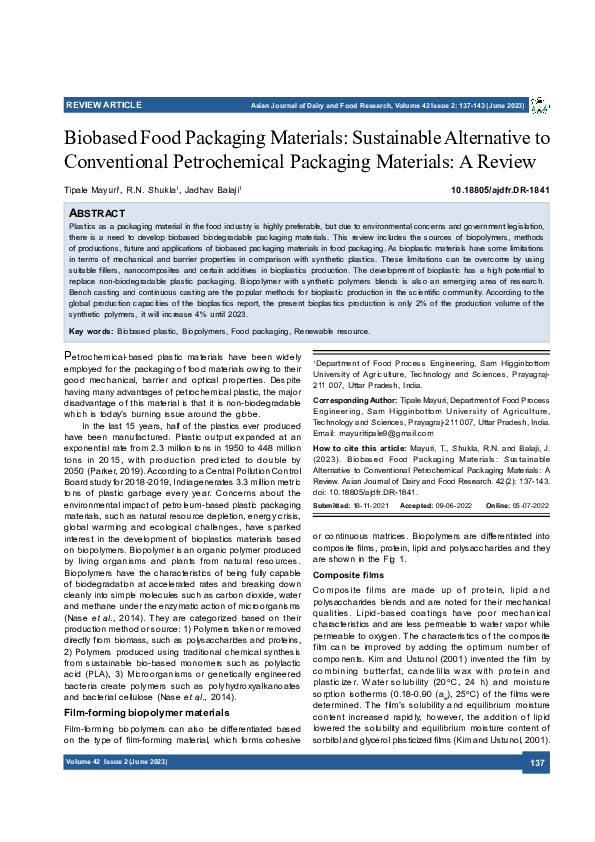 (PDF) Biobased Food Packaging Materials Sustainable Alternative to