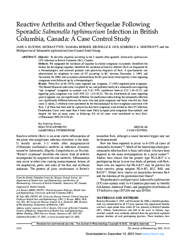 (PDF) Reactive arthritis and other sequelae following sporadic ...
