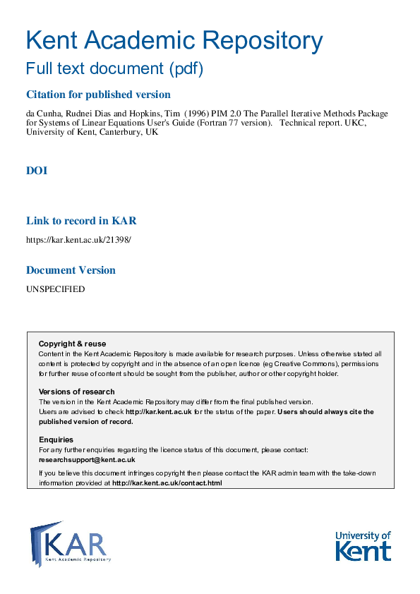 (PDF) PIM The Parallel Iterative Methods package for Systems of Linear ...