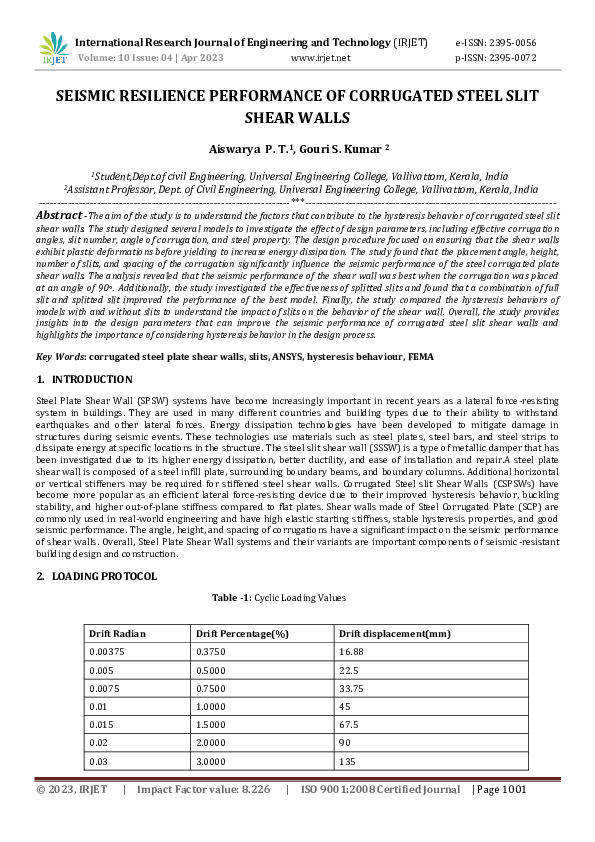 (PDF) SEISMIC RESILIENCE PERFORMANCE OF CORRUGATED STEEL SLIT SHEAR WALLS