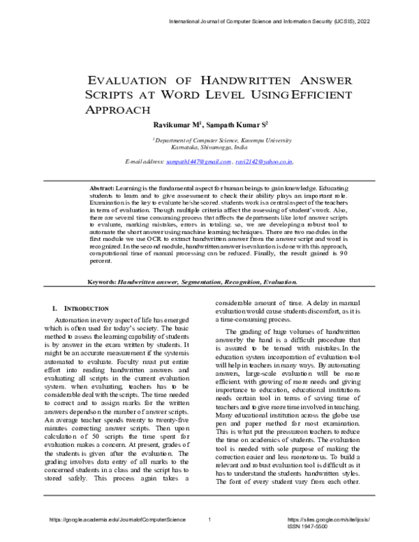 (PDF) EVALUATION OF HANDWRITTEN ANSWER SCRIPTS AT WORD LEVEL USING ...