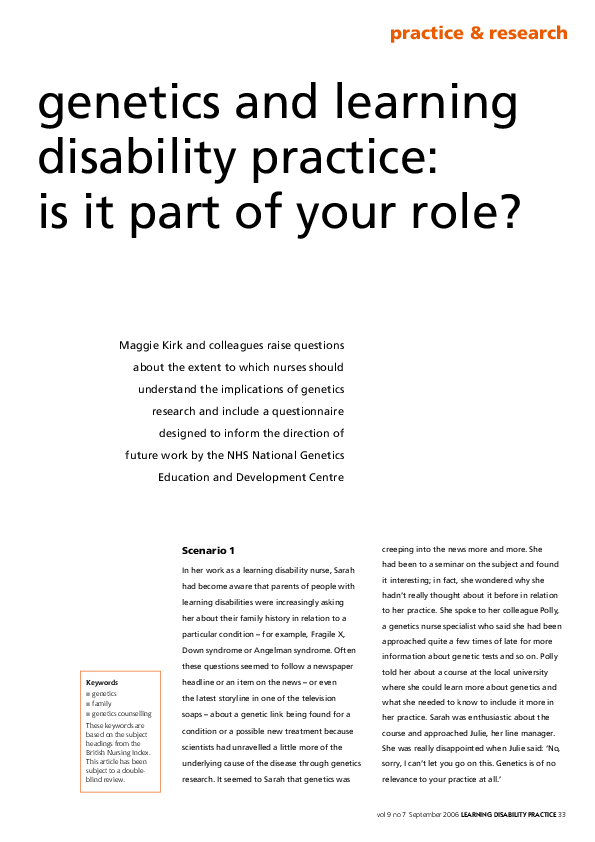 (PDF) Genetics and learning disability practice: is it part of your role?