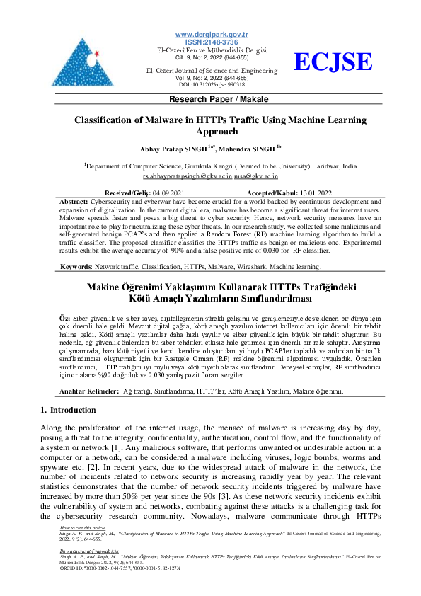 (PDF) Classification of Malware in HTTPs Traffic Using Machine Learning ...
