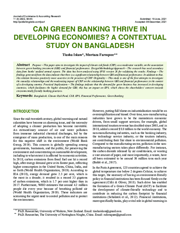 Can Green Banking Thrive in Developing Economies: A Contextual Study on Bangladesh