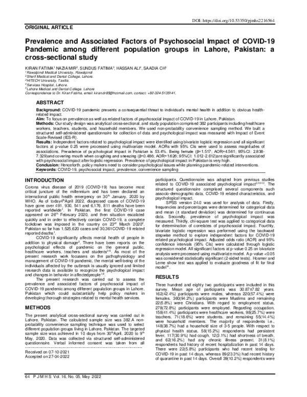 (PDF) Prevalence and Associated Factors of Psychosocial Impact of COVID ...
