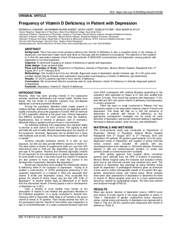 (PDF) Frequency of Vitamin D Deficiency in Patient with Depression
