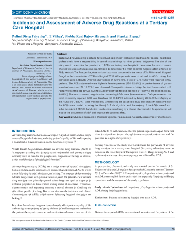 (PDF) Incidence and Assessment of Adverse Drug Reactions at a Tertiary ...
