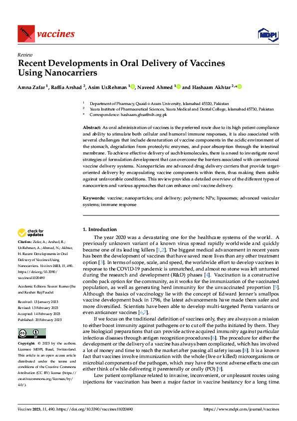 (PDF) Recent Developments in Oral Delivery of Vaccines Using Nanocarriers