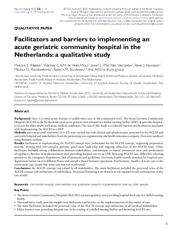 (PDF) Facilitators and barriers to implementing an acute geriatric ...